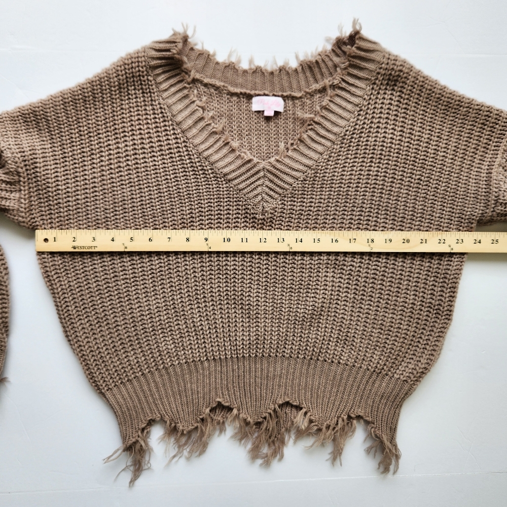 Pink Lily Distressed Frayed Sweater Taupe Long Sleeves Cute Soft Cozy Medium - Picture 12 of 16